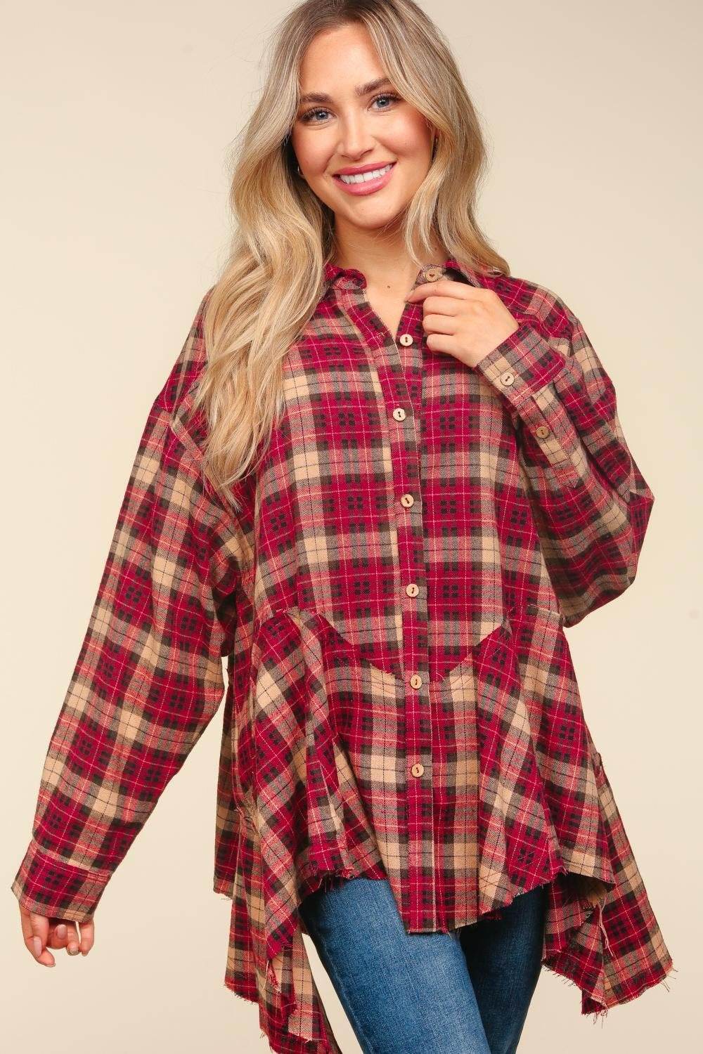 Haptics Plaid Button Down Sharkbite Shirt - Delanoir