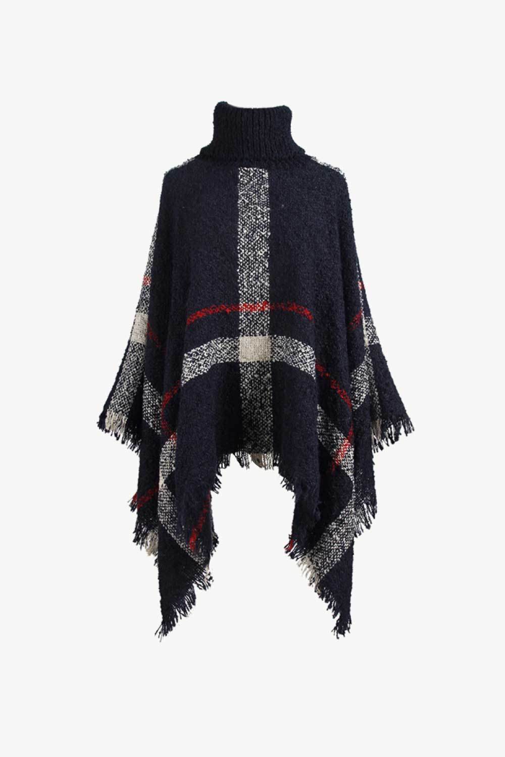 Plaid Turtleneck Raw Hem Poncho - Delanoir