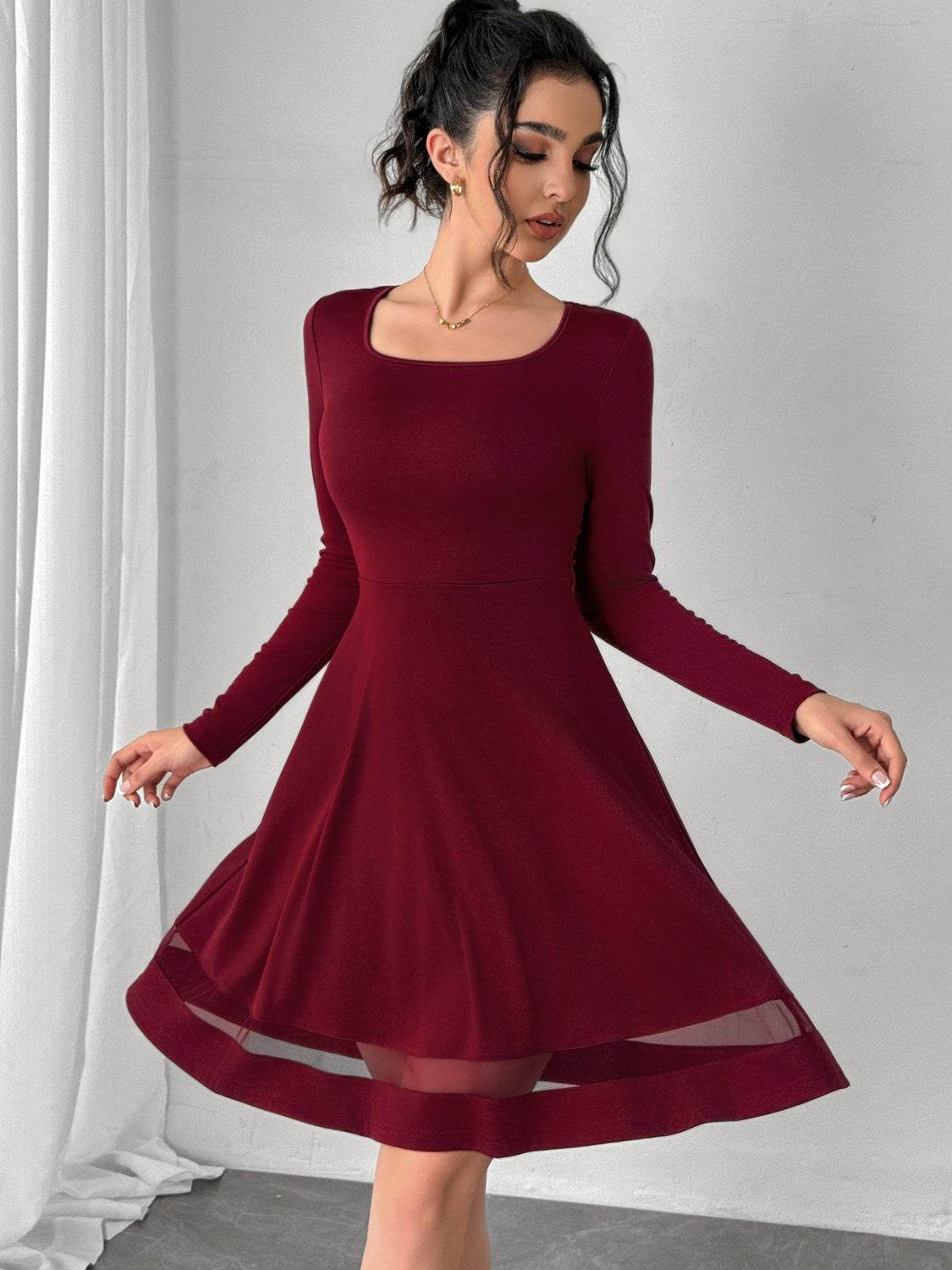 Square Neck Long Sleeve Mini Dress - Delanoir
