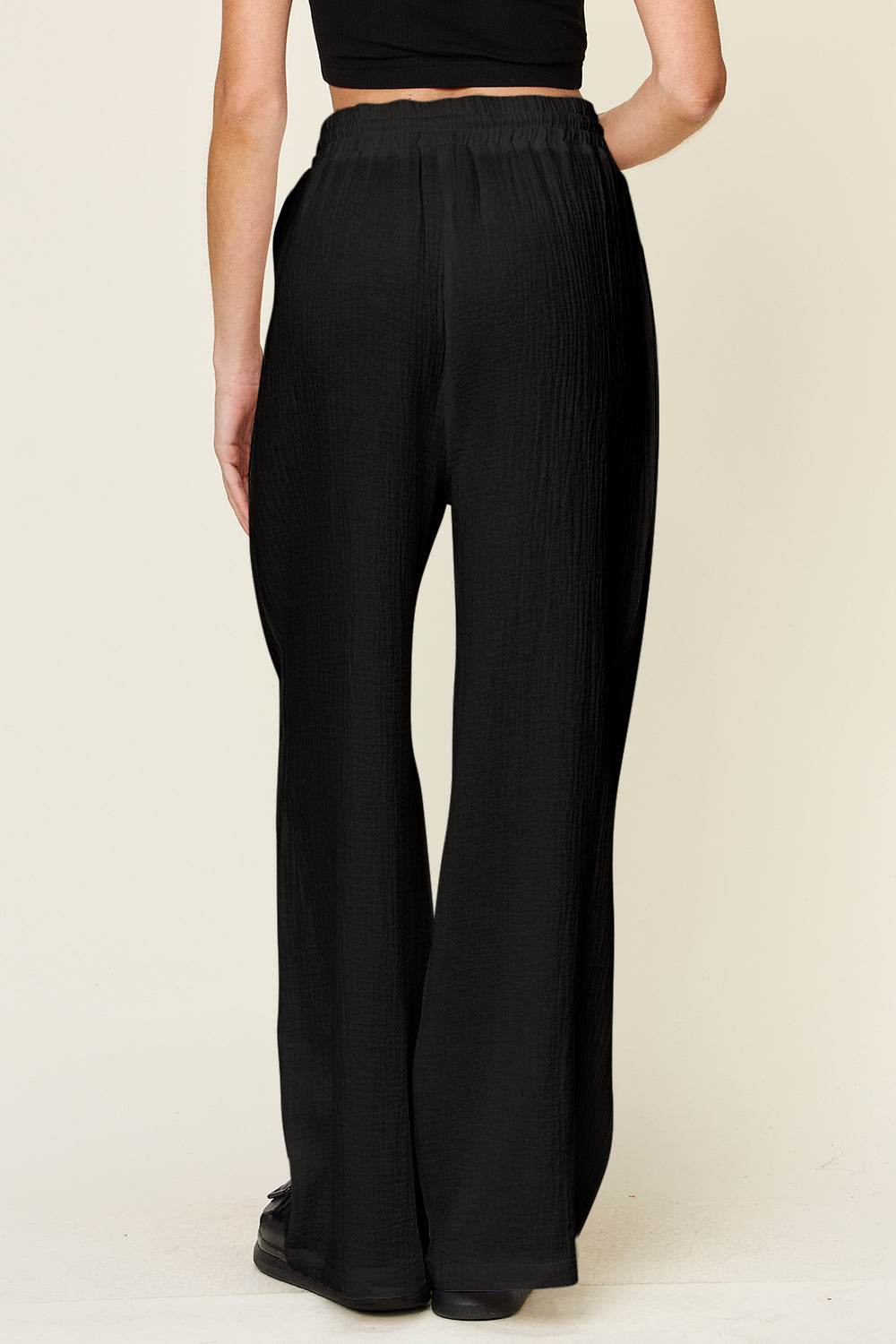 Double Take Full Size Texture Drawstring Wide Leg Pants - Delanoir