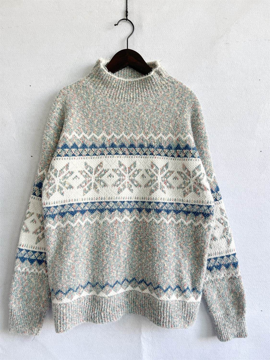 Geometric Mock Neck Dropped Shoulder Sweater - Delanoir