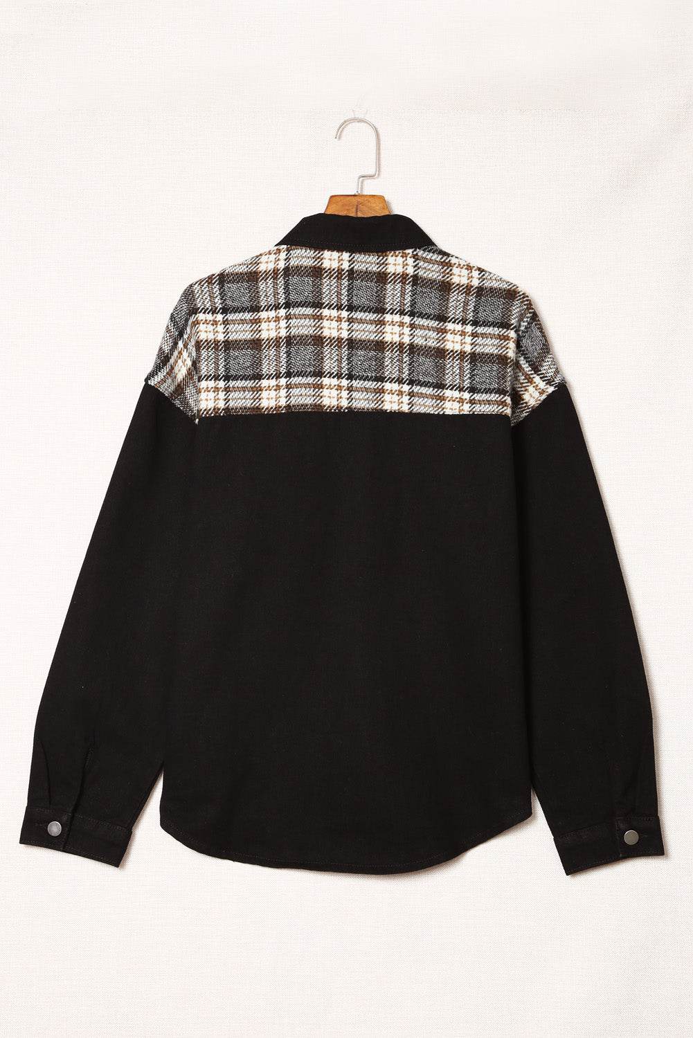 Plaid Pocketed Button Up Denim Jacket - Delanoir