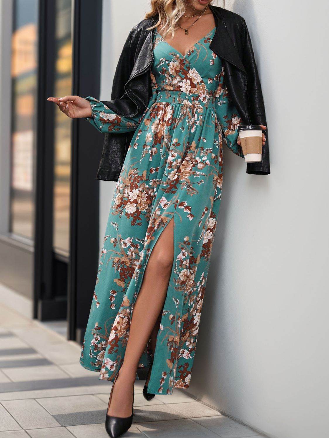 Perfee Slit Printed Surplice Long Sleeve Maxi Dress - Delanoir