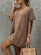 Short Sleeve Sweater Dress with Pockets - Delanoir