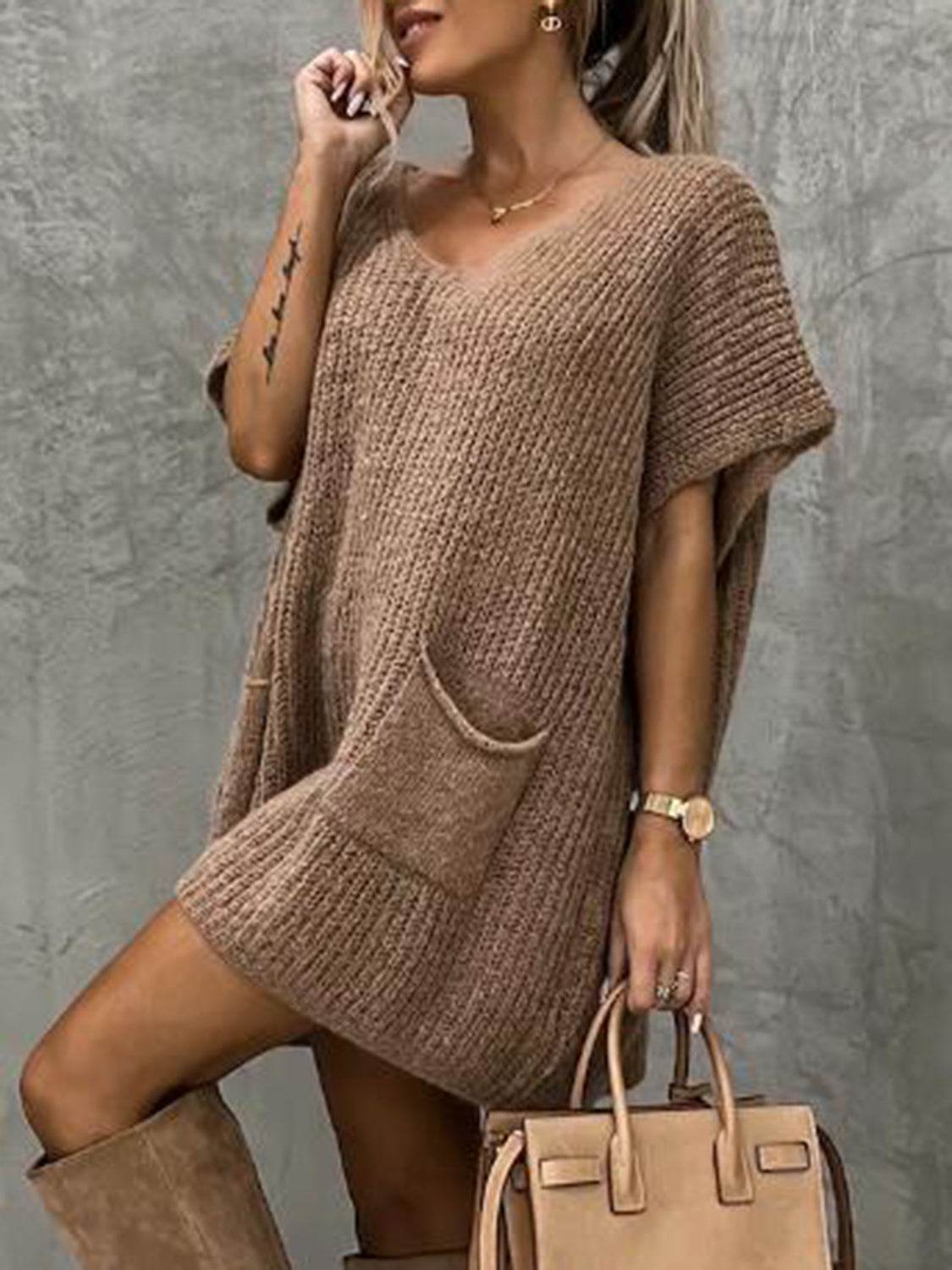 Short Sleeve Sweater Dress with Pockets - Delanoir