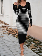 Devine Striped V-Neck Long Sleeve Sweater Dress - Delanoir