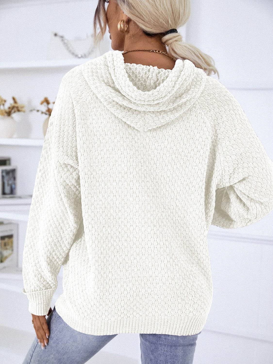 Texture Drawstring Long Sleeve Hooded Sweater - Delanoir