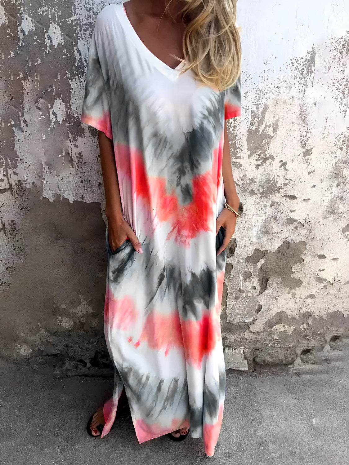 Full Size Pocketed Tie-Dye Short Sleeve Dress - Delanoir