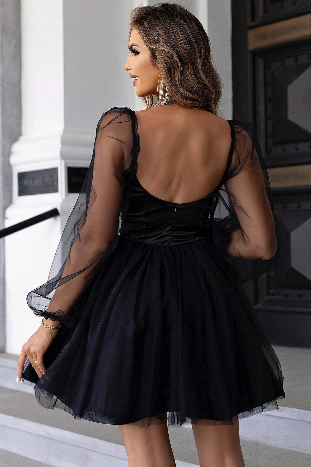 Sweetheart Neck Balloon Sleeve Mini Dress - Delanoir