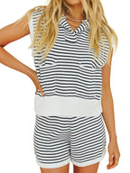 Striped Cap Sleeve Top and Shorts Sweater Set - Delanoir