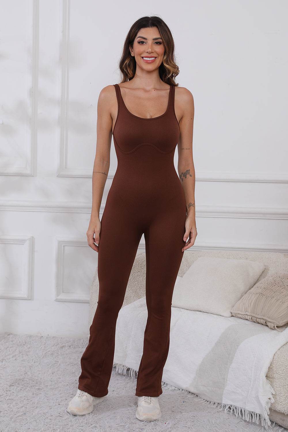 Scoop Neck Wide Strap Active Jumpsuit - Delanoir