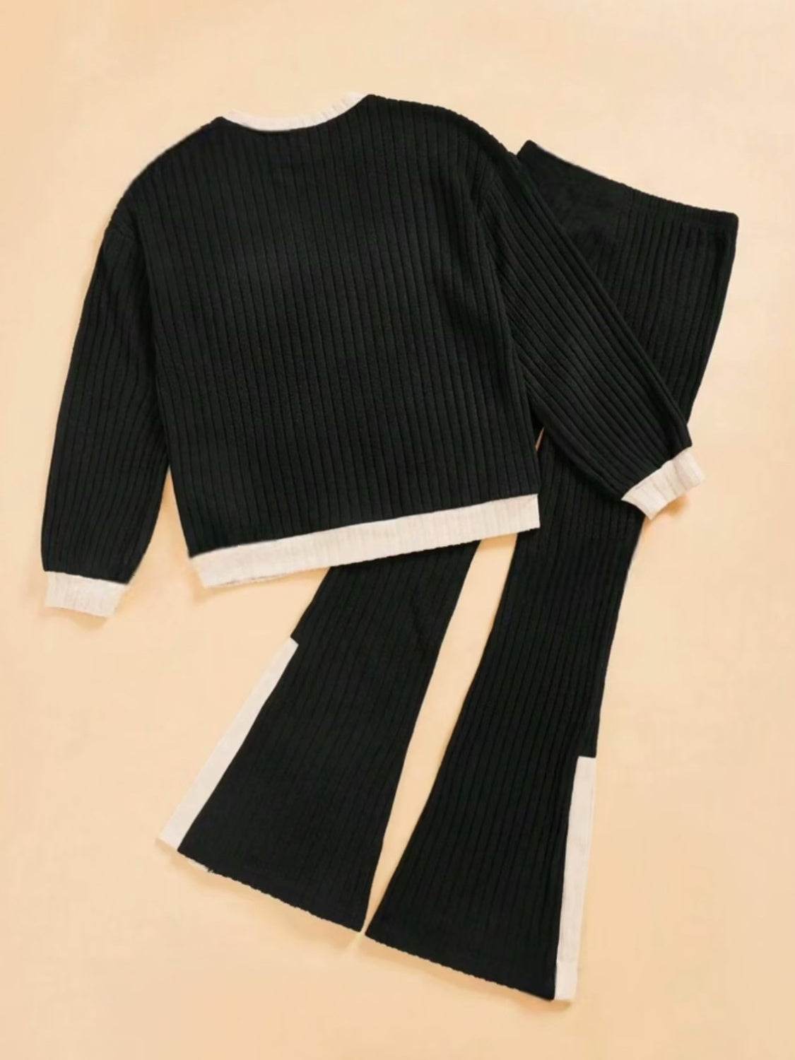 Contrast Round Neck Long Sleeve Top and Bootcut Pants Set - Delanoir
