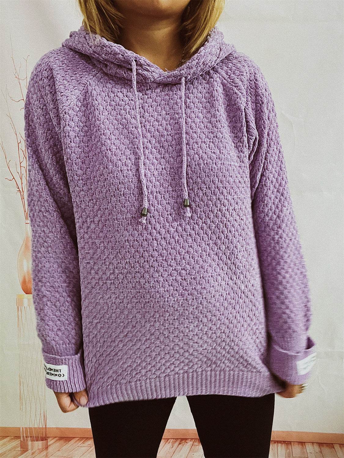 Drawstring Long Sleeve Hooded Sweater - Delanoir