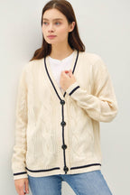 Be Cool Contrast Trim Cable-Knit V-Neck Cardigan - Delanoir