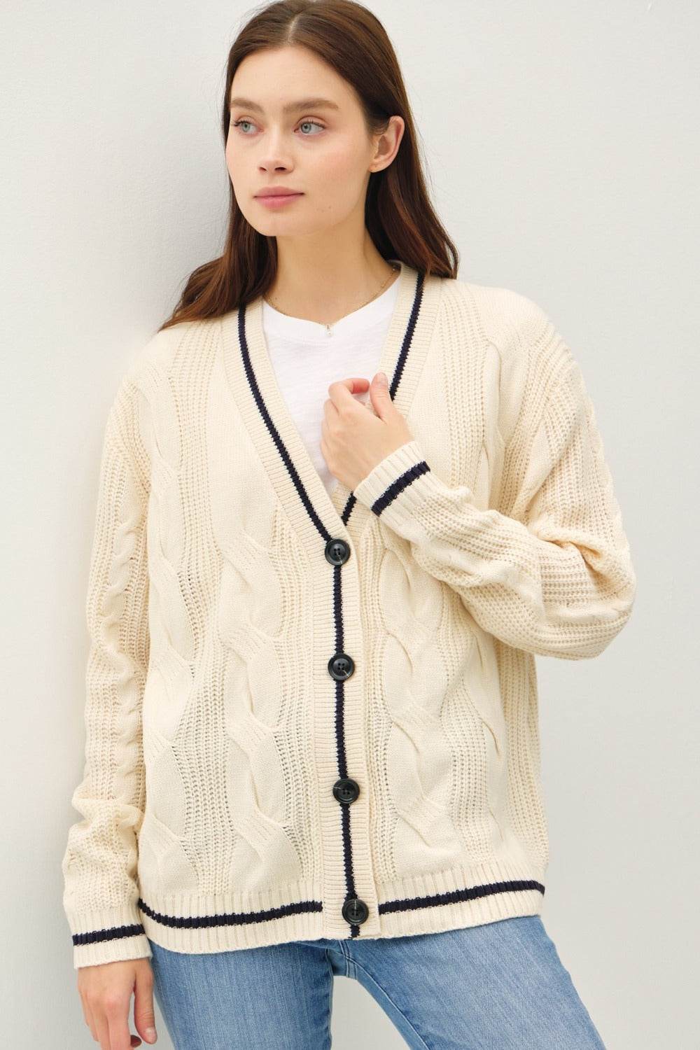Be Cool Contrast Trim Cable-Knit V-Neck Cardigan - Delanoir