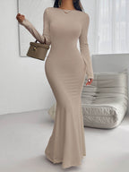 Devine Backless Round Neck Long Sleeve Maxi Dress - Delanoir
