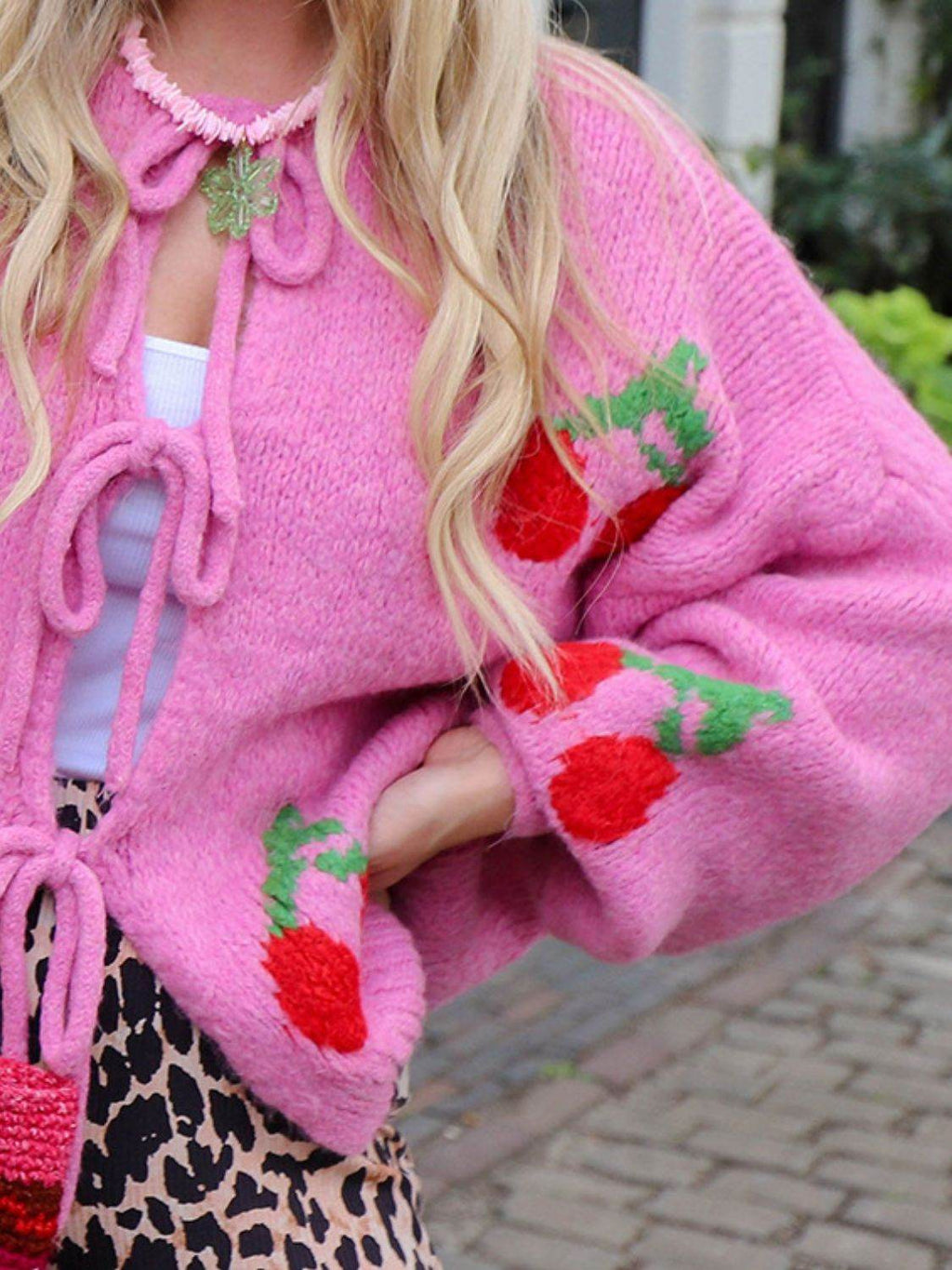 Tied Cherry Round Neck Long Sleeve Cardigan - Delanoir