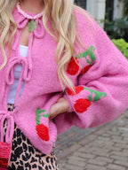 Tied Cherry Round Neck Long Sleeve Cardigan - Delanoir