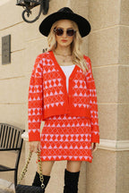 Geometric Button Front Cardigan and Skirt Set - Delanoir