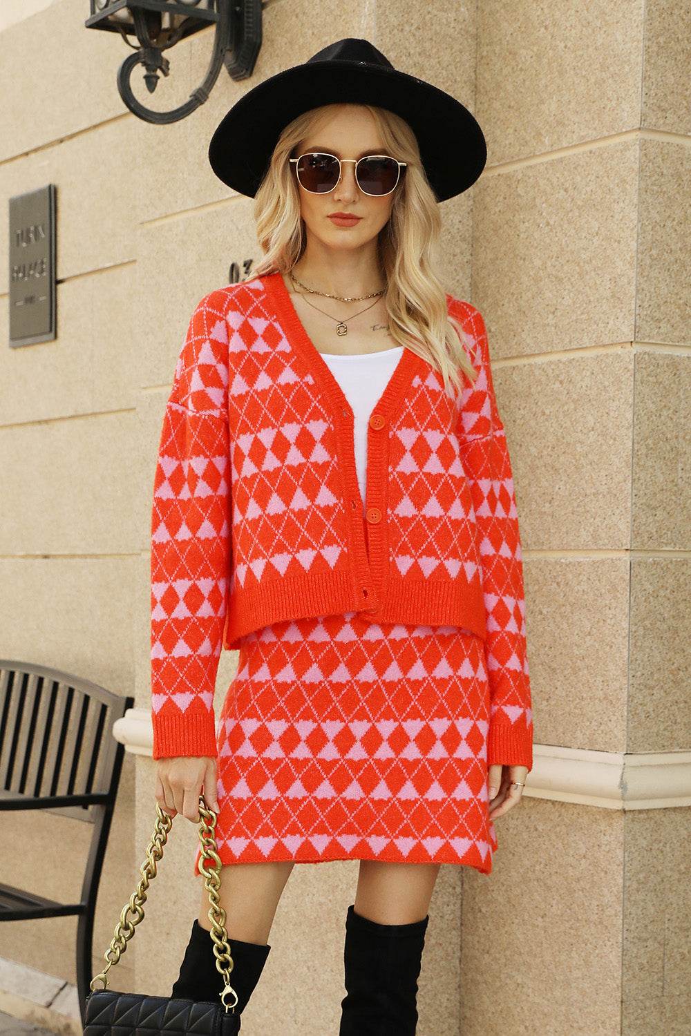 Geometric Button Front Cardigan and Skirt Set - Delanoir