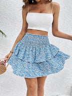 Perfee Smocked Layered Printed Mini Skirt - Delanoir