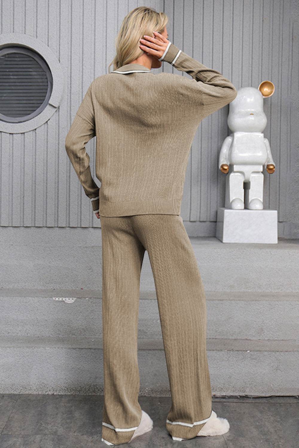 Contrast Trim Johnny Collar Top and Drawstring Pants Sweater Set - Delanoir