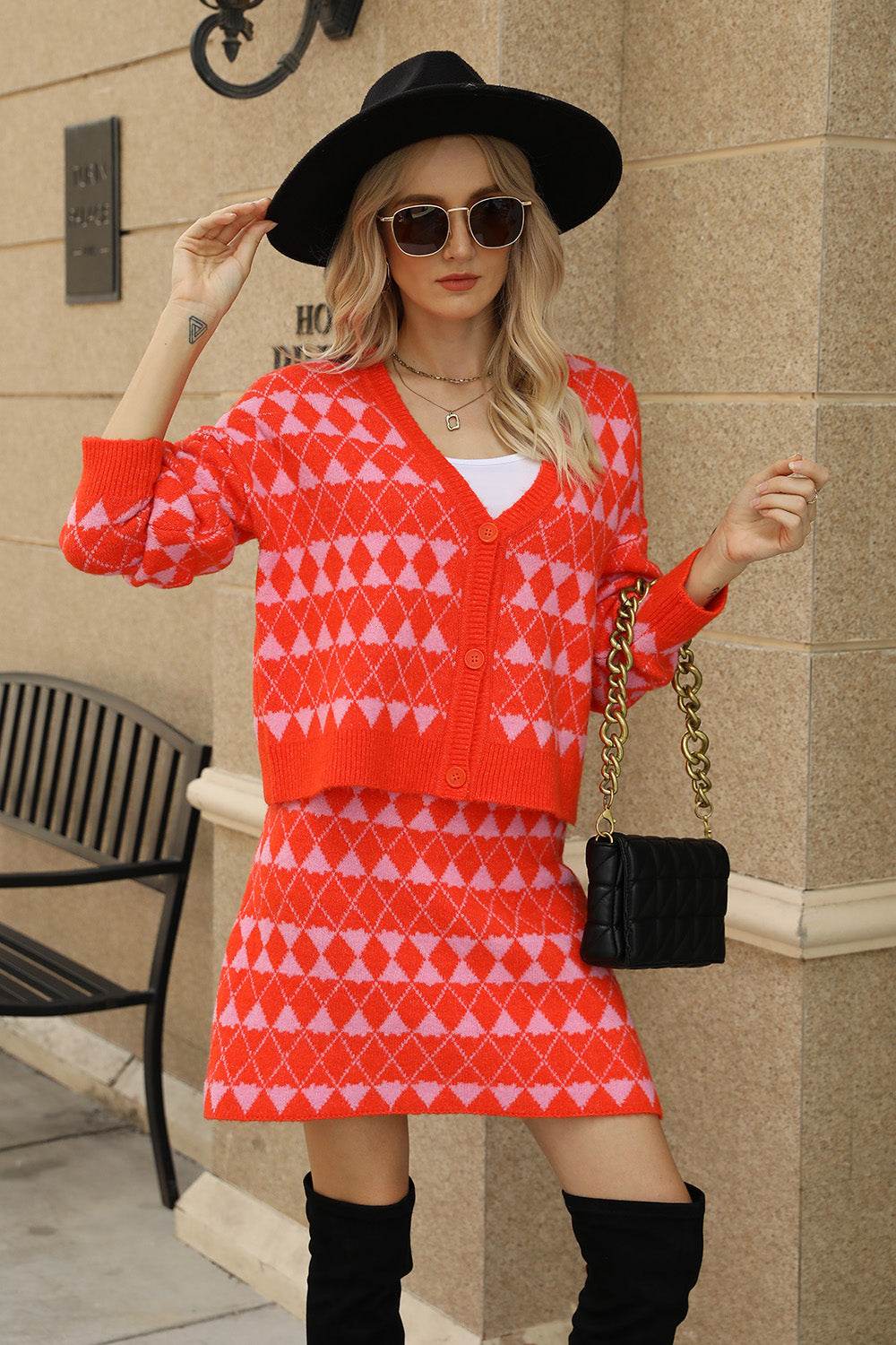 Geometric Button Front Cardigan and Skirt Set - Delanoir