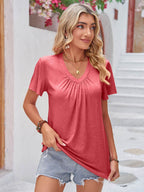 Double Take Ruched V-Neck Short Sleeve T-Shirt - Delanoir