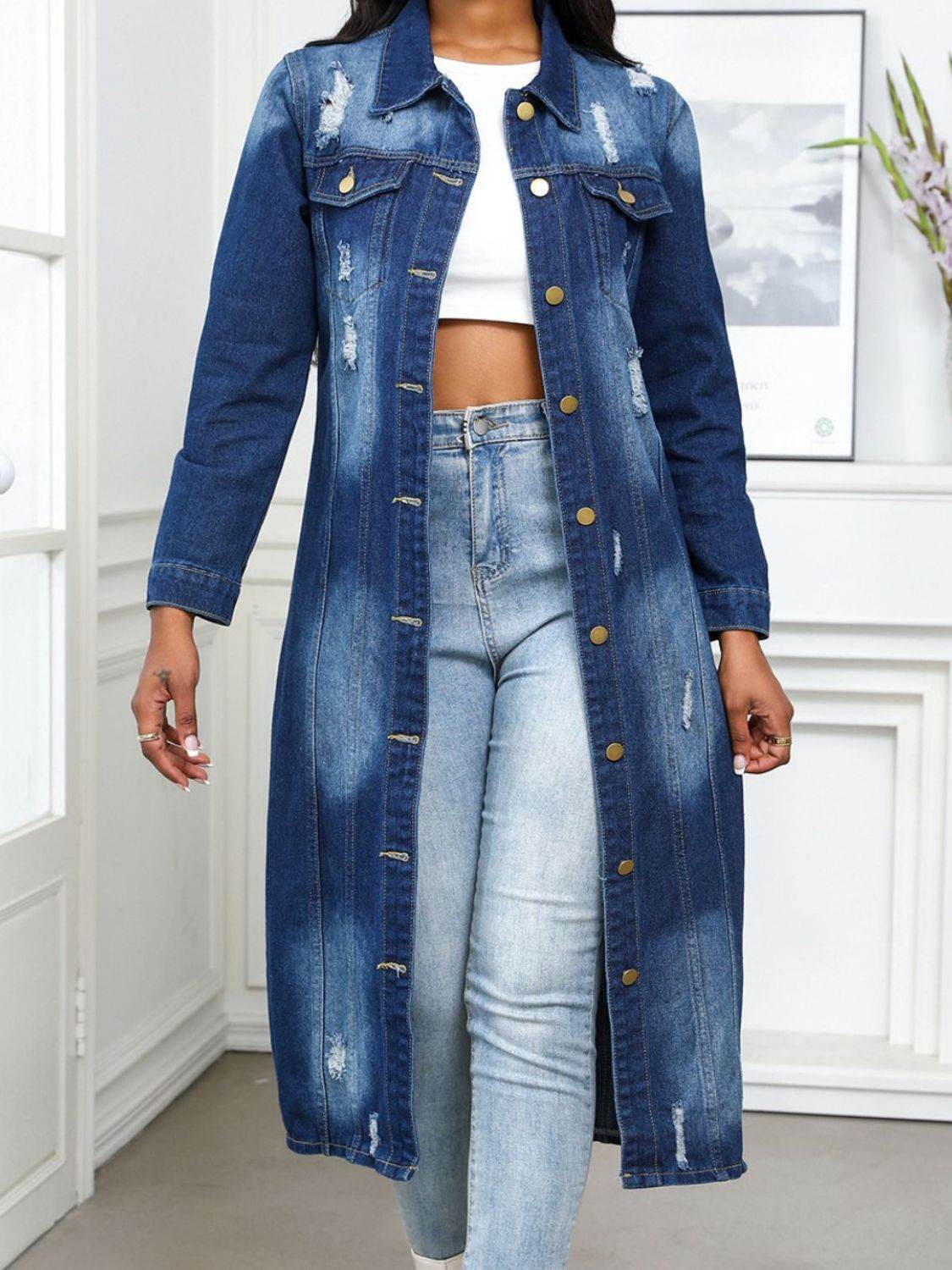 Distressed Button Up Collared Neck Denim Top - Delanoir