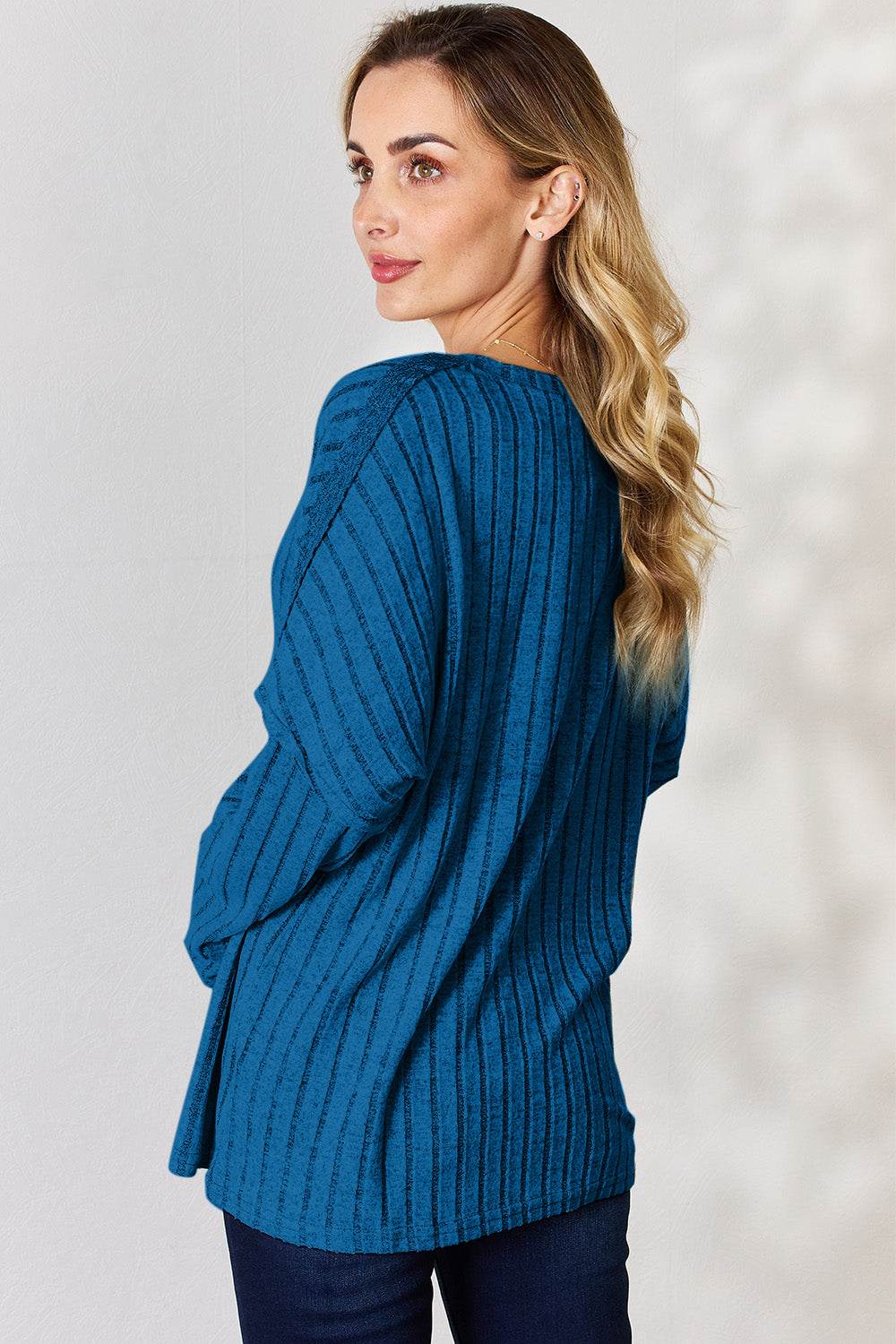 Basic Bae Full Size Ribbed Half Button Long Sleeve T-Shirt - Delanoir