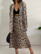 Leopard Lapel Collar Long Sleeve Longline Blazer - Delanoir