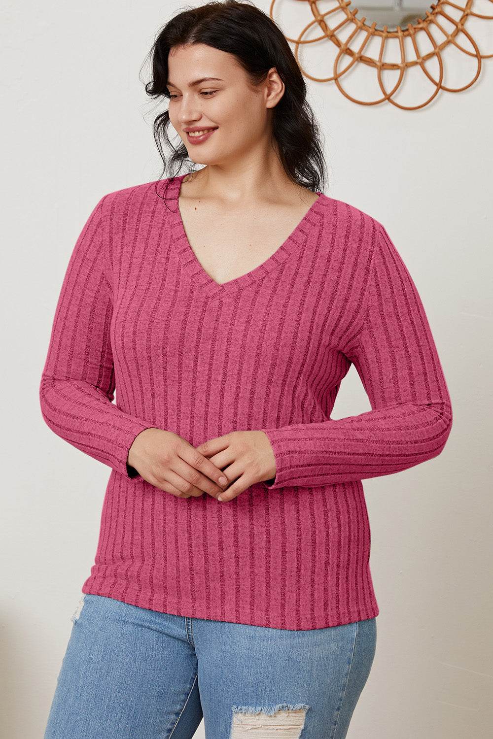 Basic Bae Full Size Ribbed V-Neck Long Sleeve T-Shirt - Delanoir