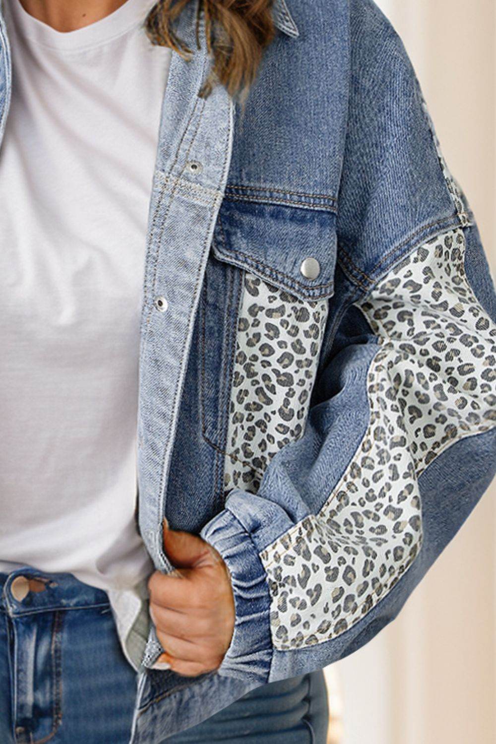 Plus Size Leopard Long Sleeve Denim Jacket - Delanoir