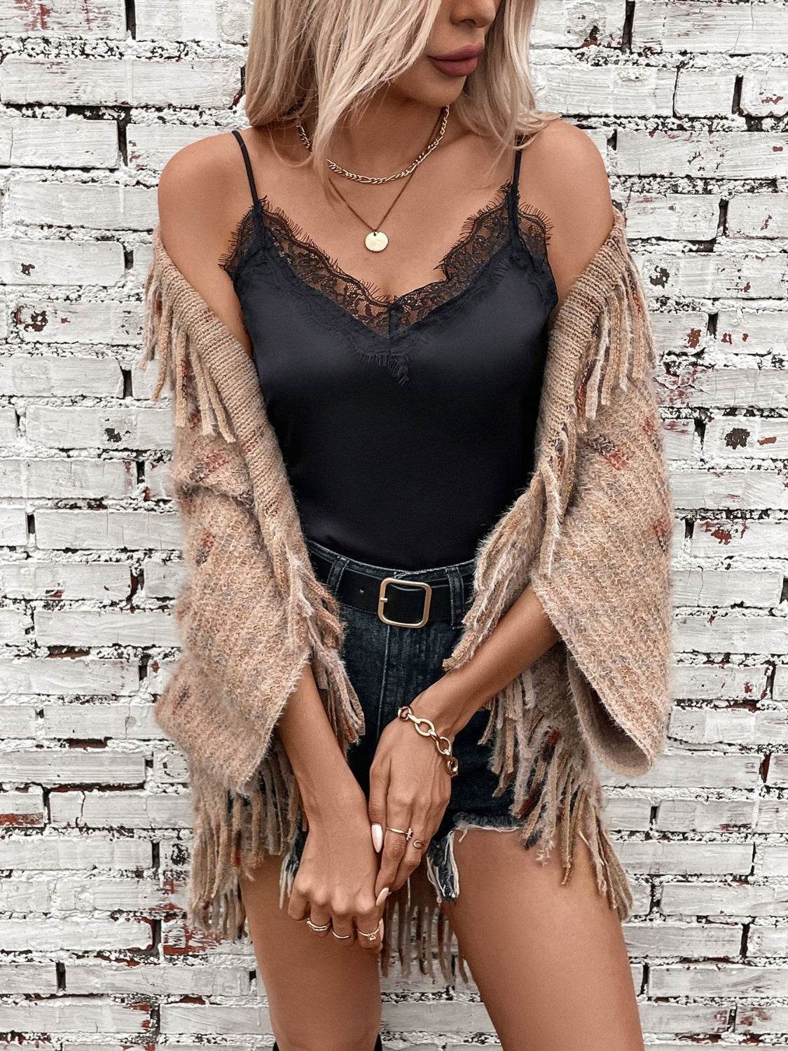 Fringe Open Front Half Sleeve Poncho - Delanoir