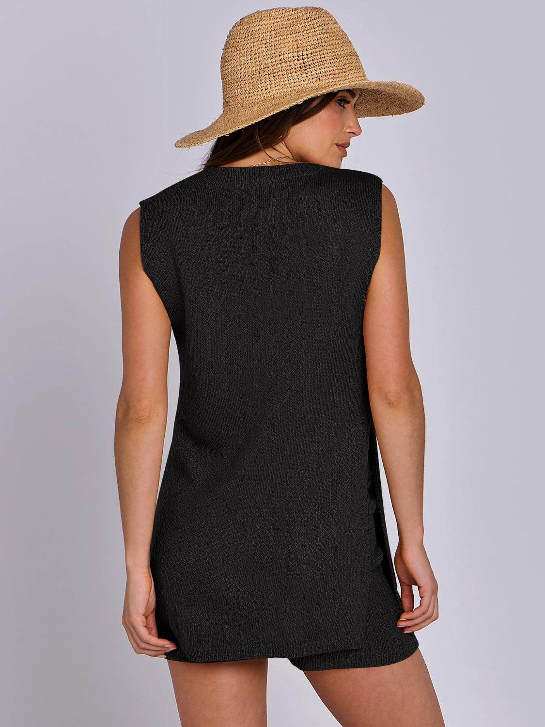 Mandy Side Slit Round Neck Tank and Shorts Sweater Set - Delanoir