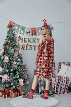Christmas Asymmetrical Neck Long Sleeve Dress - Delanoir