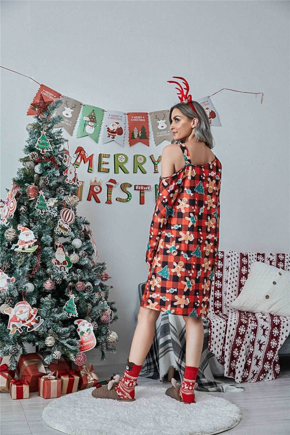 Christmas Asymmetrical Neck Long Sleeve Dress - Delanoir