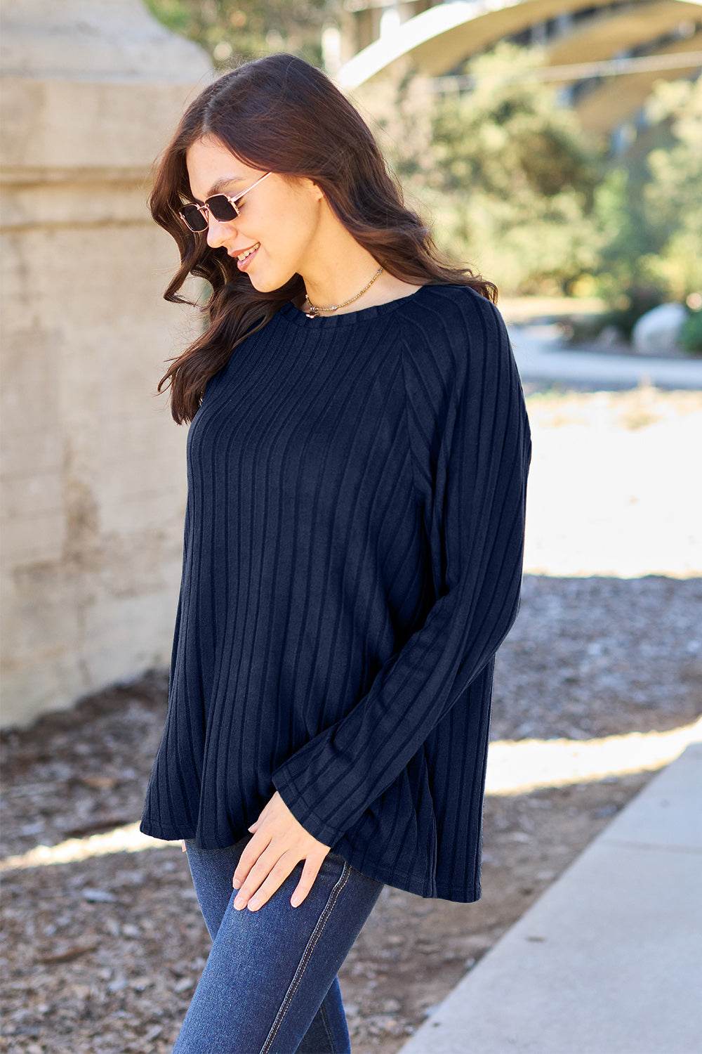 Basic Bae Full Size Ribbed Round Neck Long Sleeve Knit Top - Delanoir