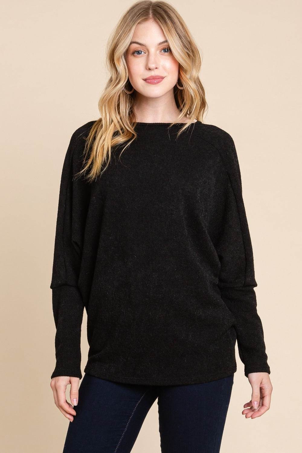 BOMBOM Drop Shoulder Long Sleeve Knit Top - Delanoir