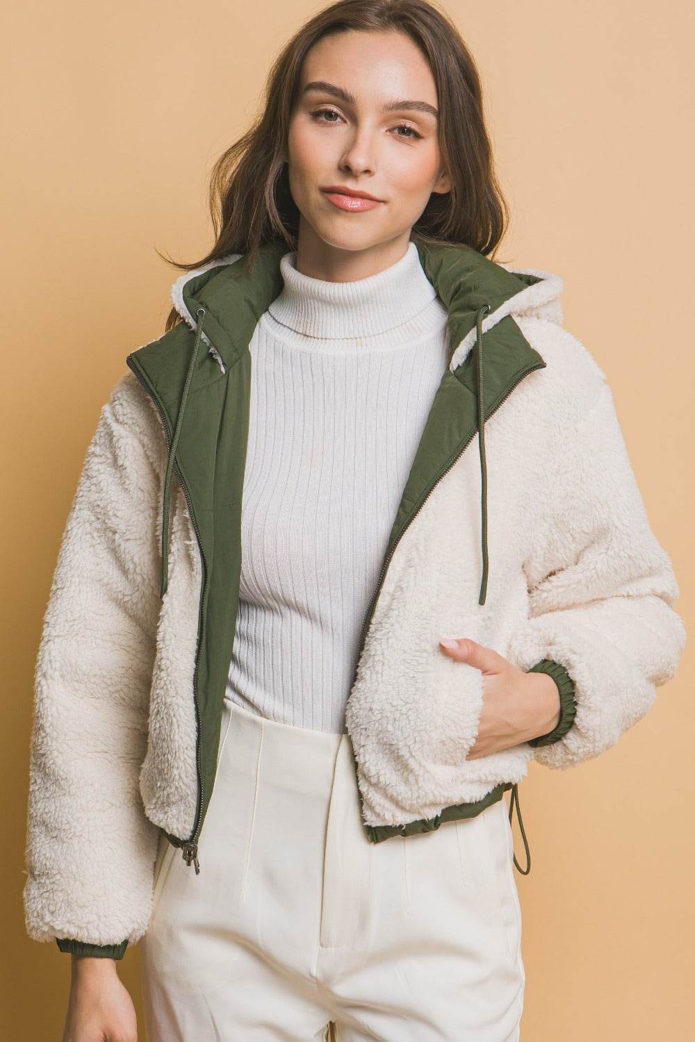 Love Tree Zip Up Cropped Hooded Sherpa Reversible Jacket - Delanoir