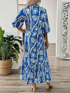 Printed Notched Half Sleeve Maxi Dress - Delanoir