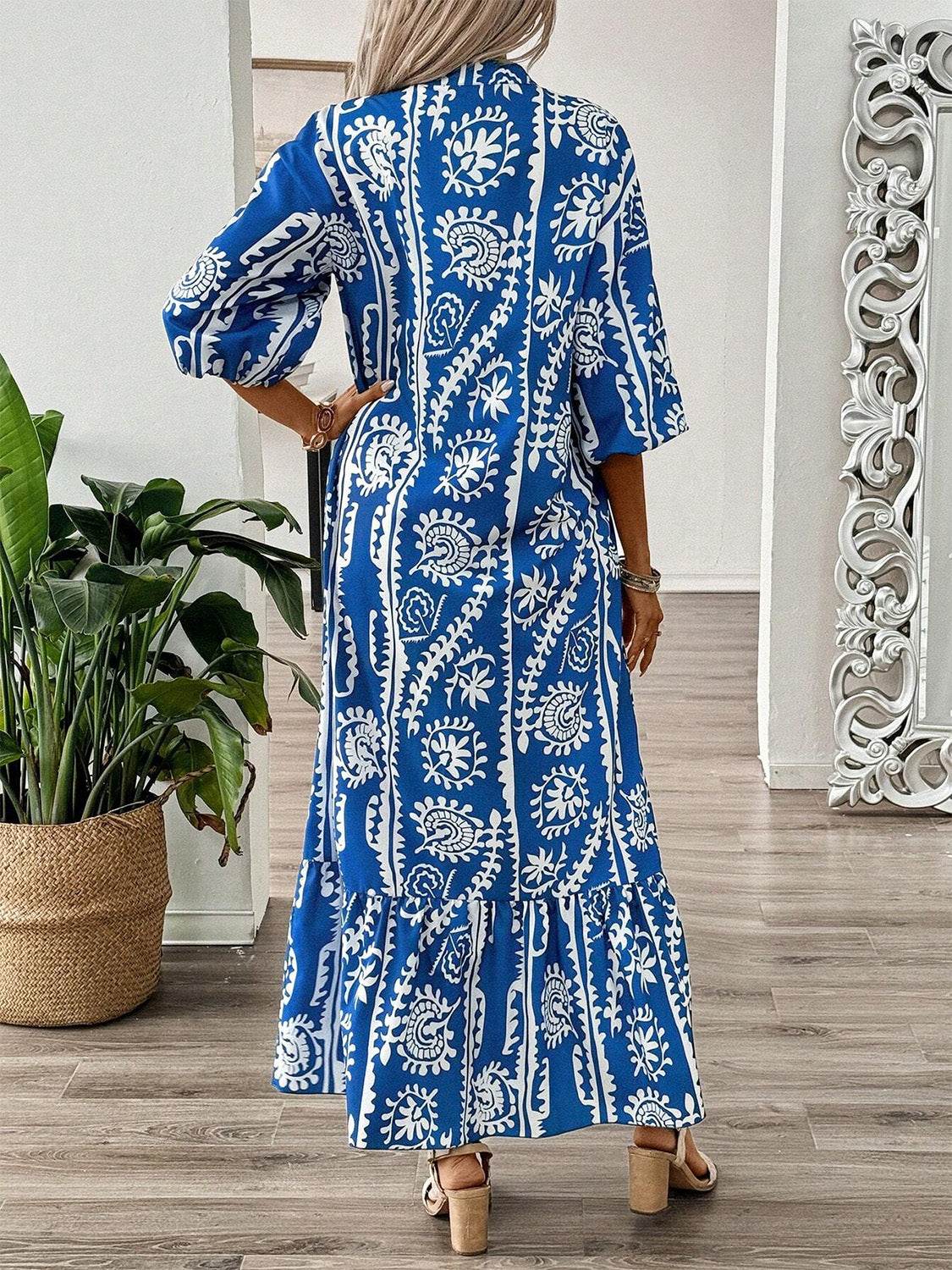 Printed Notched Half Sleeve Maxi Dress - Delanoir