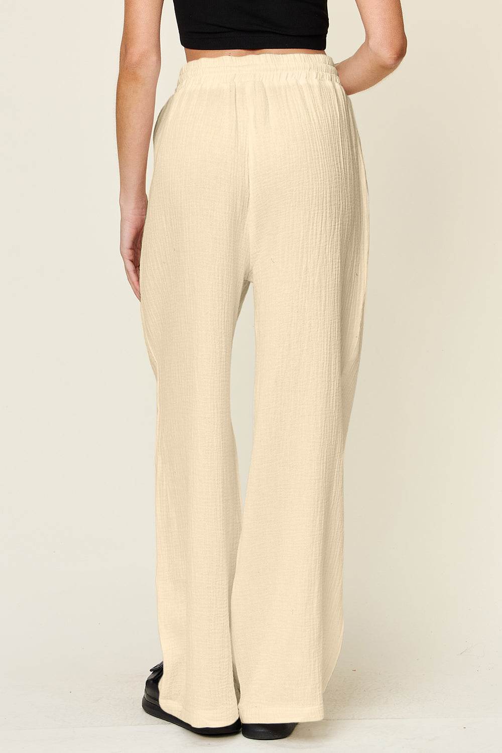 Double Take Full Size Texture Drawstring Wide Leg Pants - Delanoir