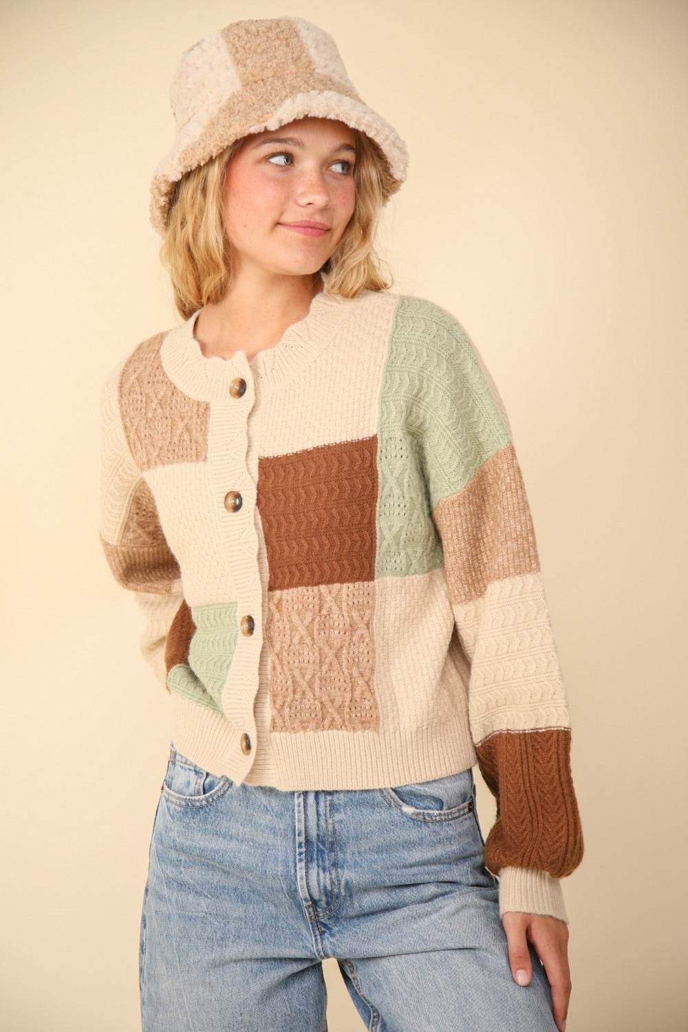 VERY J Color Block Button Down Textured Sweater Cardigan - Delanoir