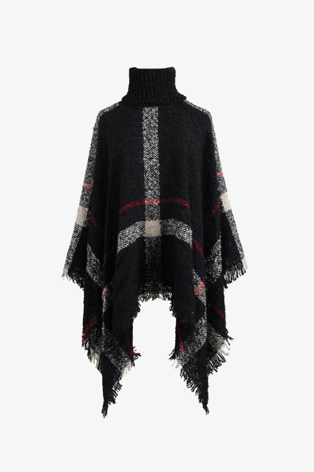 Plaid Turtleneck Raw Hem Poncho - Delanoir