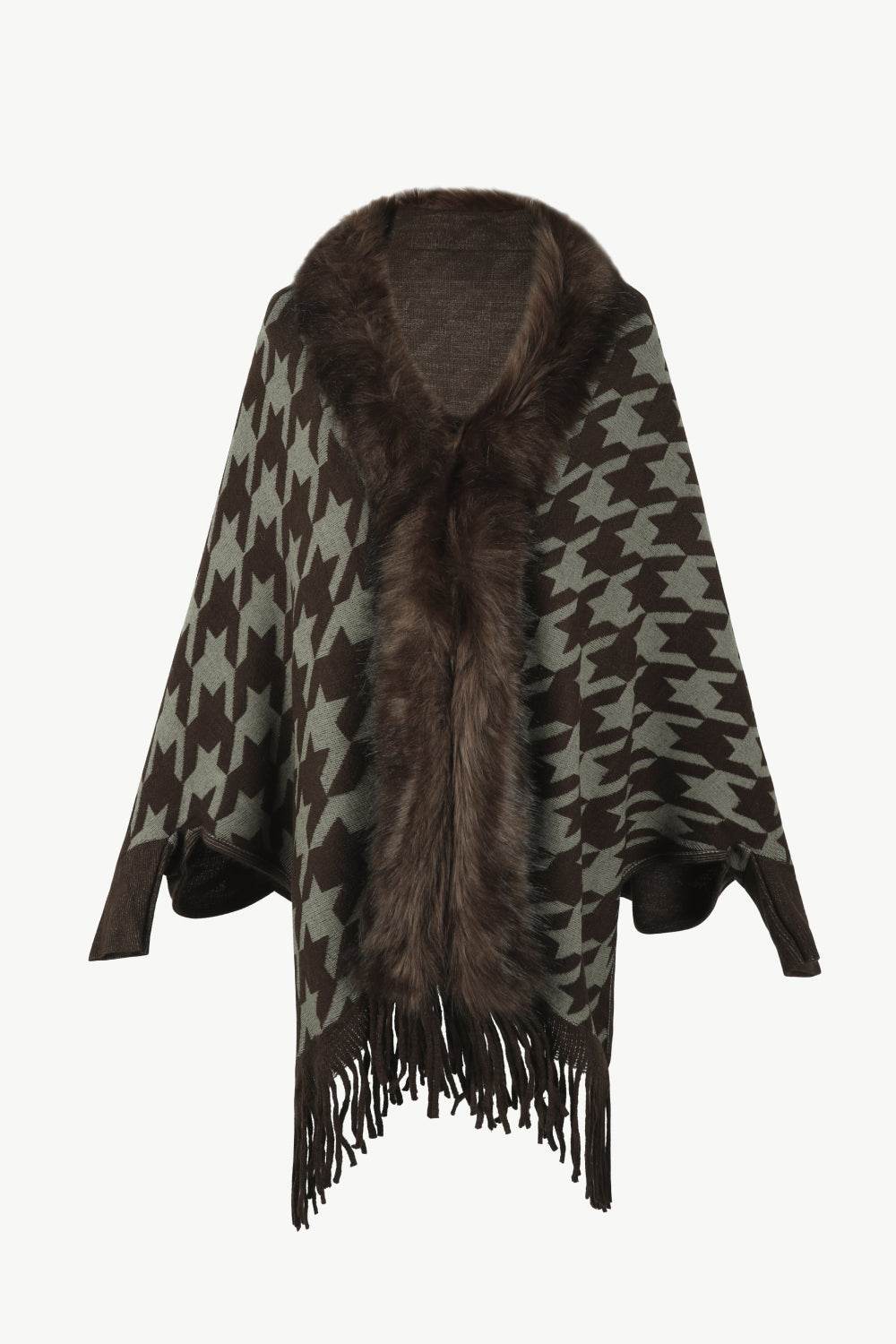 Houndstooth Fringe Hem Poncho - Delanoir