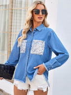 Raw Hem Button Up Long Sleeve Denim Jacket with Sequin Pockets - Delanoir