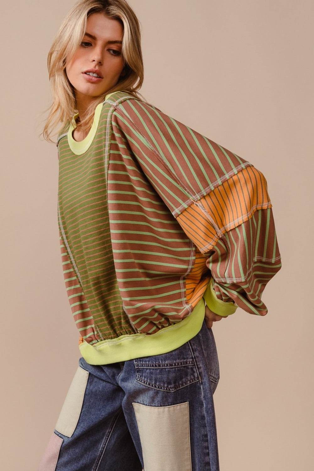 BiBi Color Block Striped Round Neck Sweatshirt - Delanoir