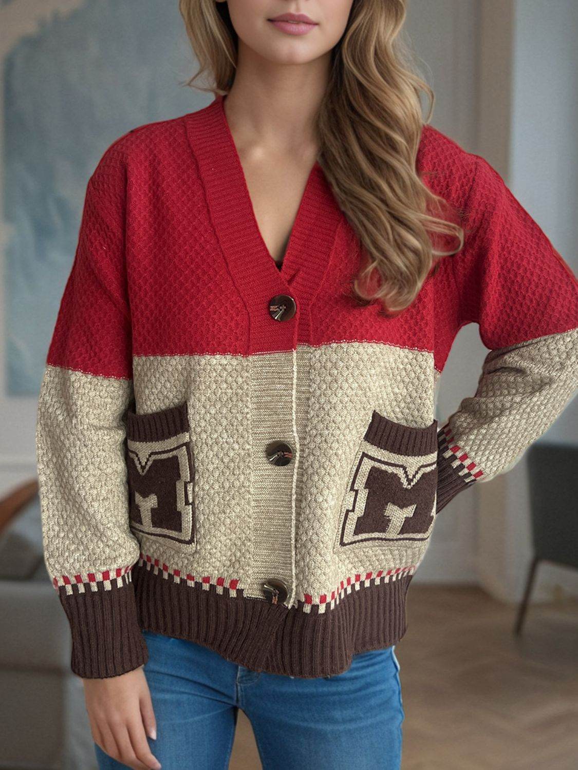 Pocketed Contrast V-Neck Button Up Cardigan - Delanoir