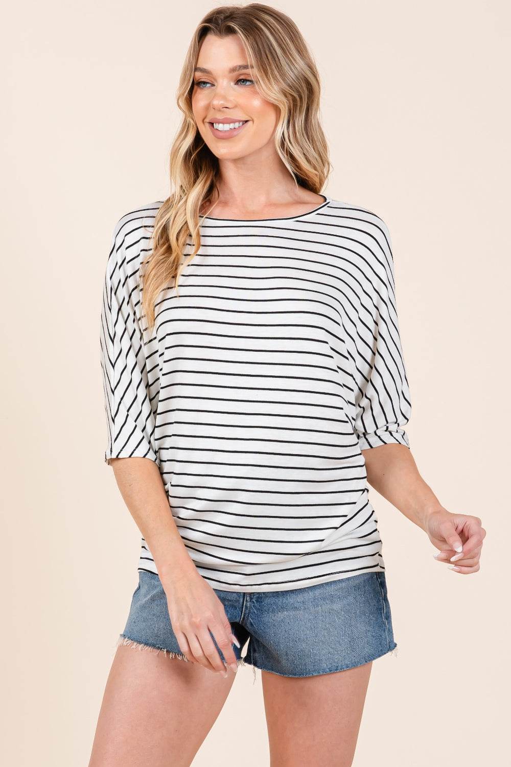 BOMBOM Striped Boat Neck Dolman Sleeve Top - Delanoir